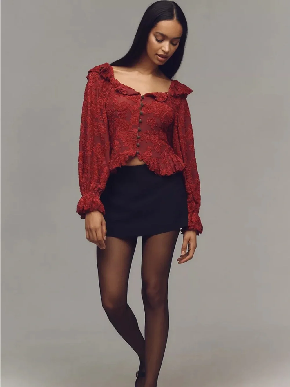 Anthropologie Velvet Burnout Peasant Top Long Sleeve Cropped Ruffle Trim Pink